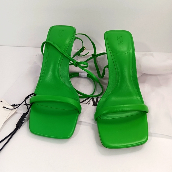 ZARA green strap leather heel sandal size 6.5 With Shoe Bag NEW - Picture 3 of 10